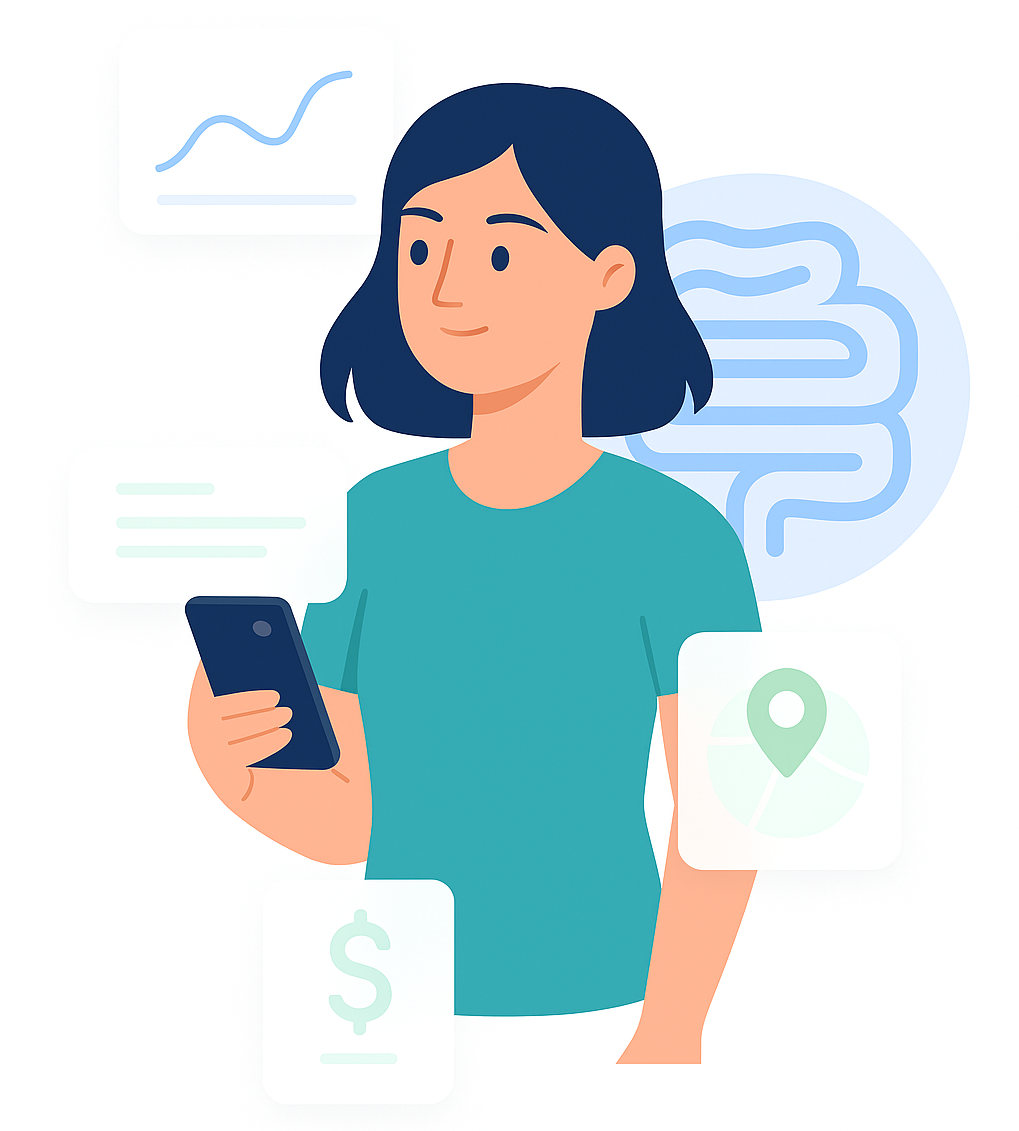 Person using GutMate app with various features illustrated